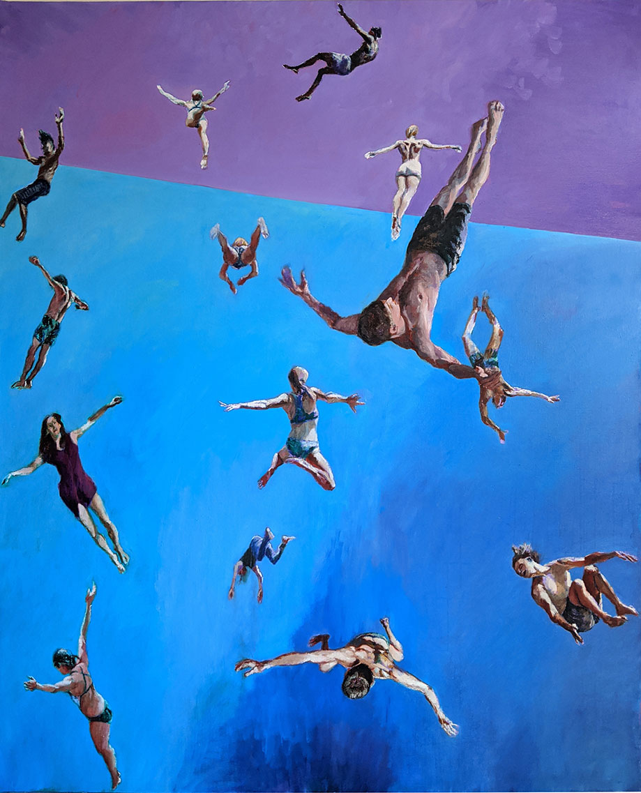 Painting of Man Floating above other acrobats